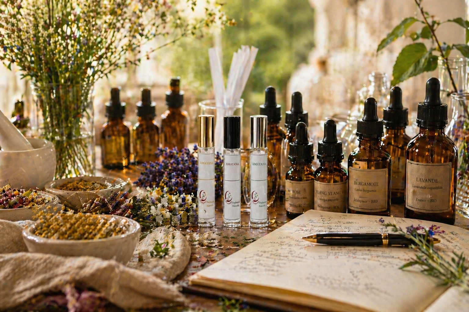 Flacons de parfum Amayana entourés d'huiles essentielles bio, fleurs et plantes aromatiques
